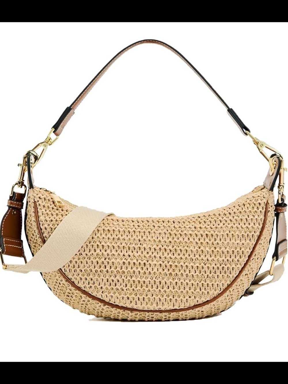 Woven Crescent Shoulder Bag in Natural with Cream Strap - Picture 2 of 7